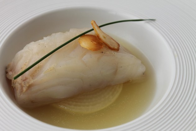 Merluza sous-vide a 45ºC, cebolla y fondo vegetal