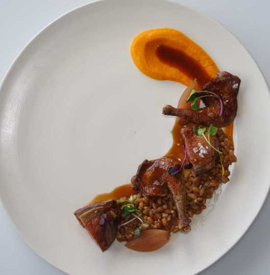 Pichón, espelta con miso y mantequilla, chalota encurtida, puré de calabaza. Cenital