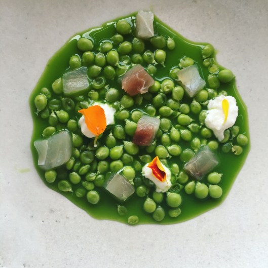 Guisantitos en crudo, jugo de sus vainas, burratina ahumada y corvina curada al kombu